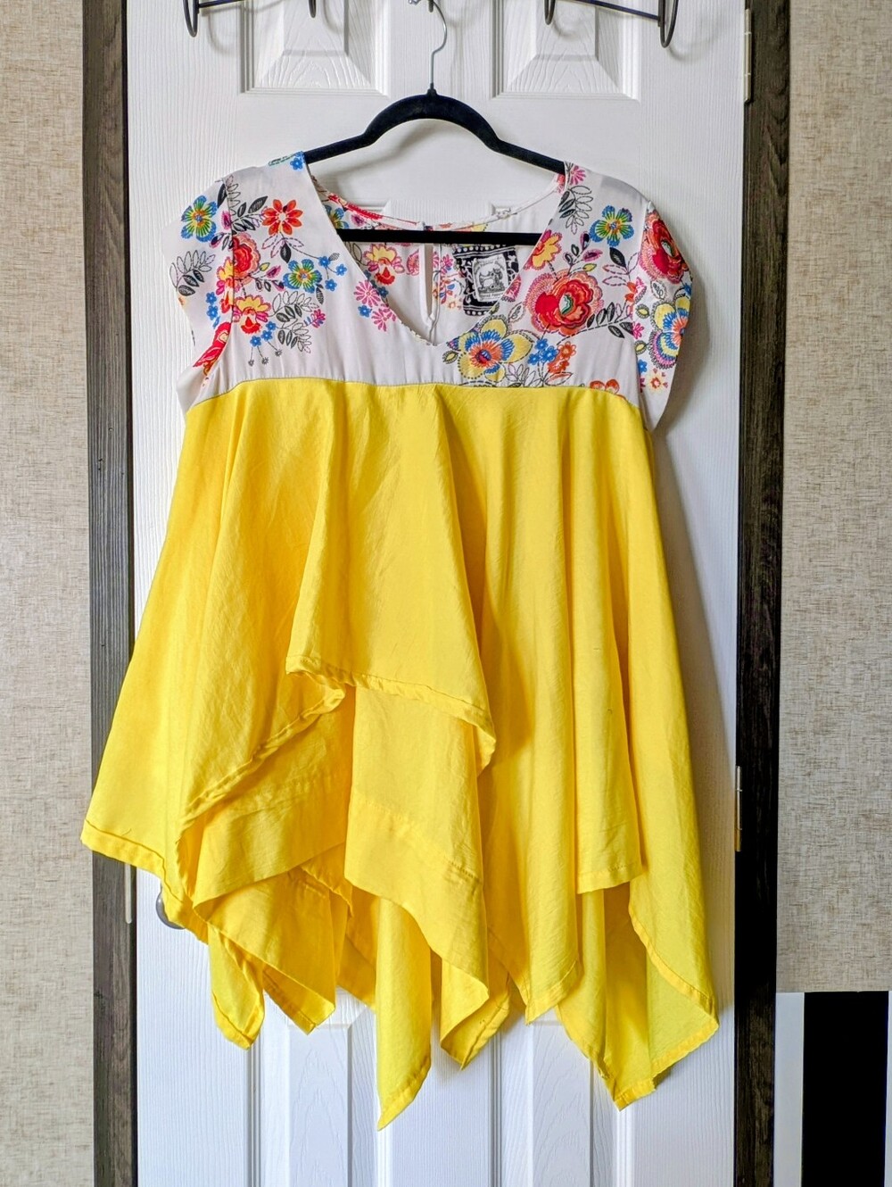 OOAK Handmade Boho Embroidered Handkerchief Hem Tunic Top Dress Yellow